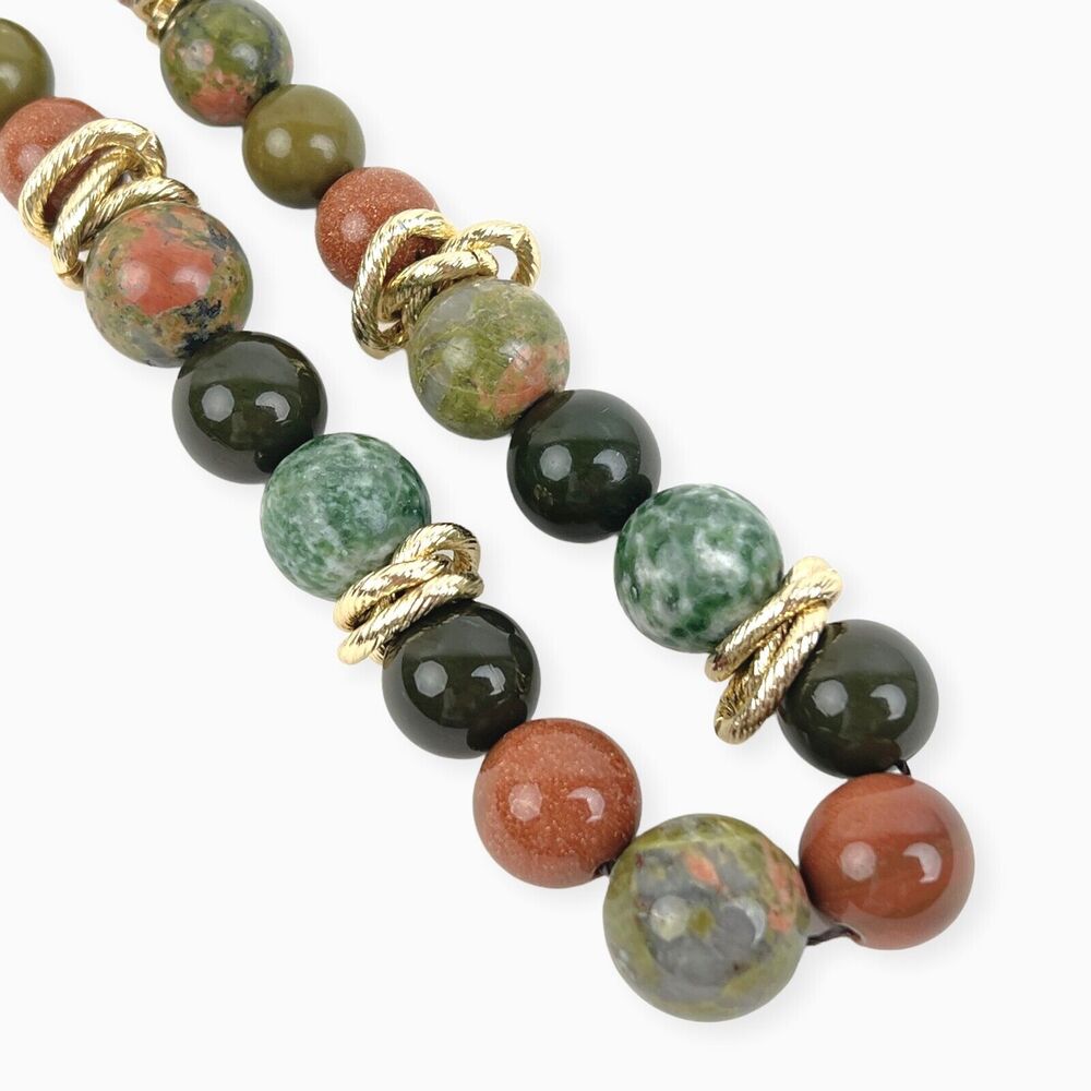 Beaded Necklace Stone Acrylic Green Brown Earthy Gold Tone Accent 18 Inch Adjust
